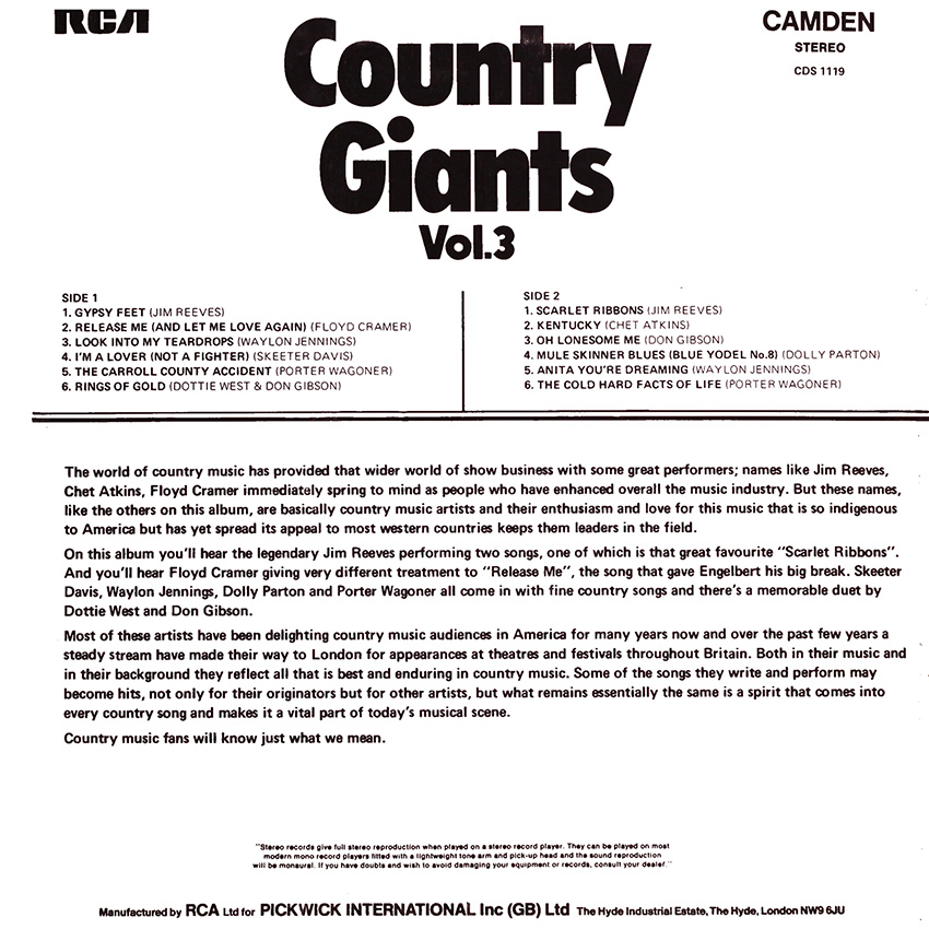 Country Giants Vol. 3 Skeeter Davis, Waylon Jennings, Dolly Parton and Porter Wagoner all come in with fine country songs and there's a memorable duet by Dottie West and Don Gibson