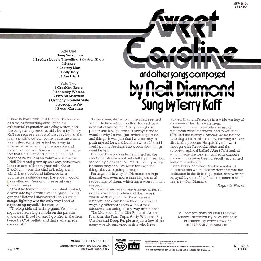 Terry Kaff - Sweet Caroline and other songs composed by Neil Diamond