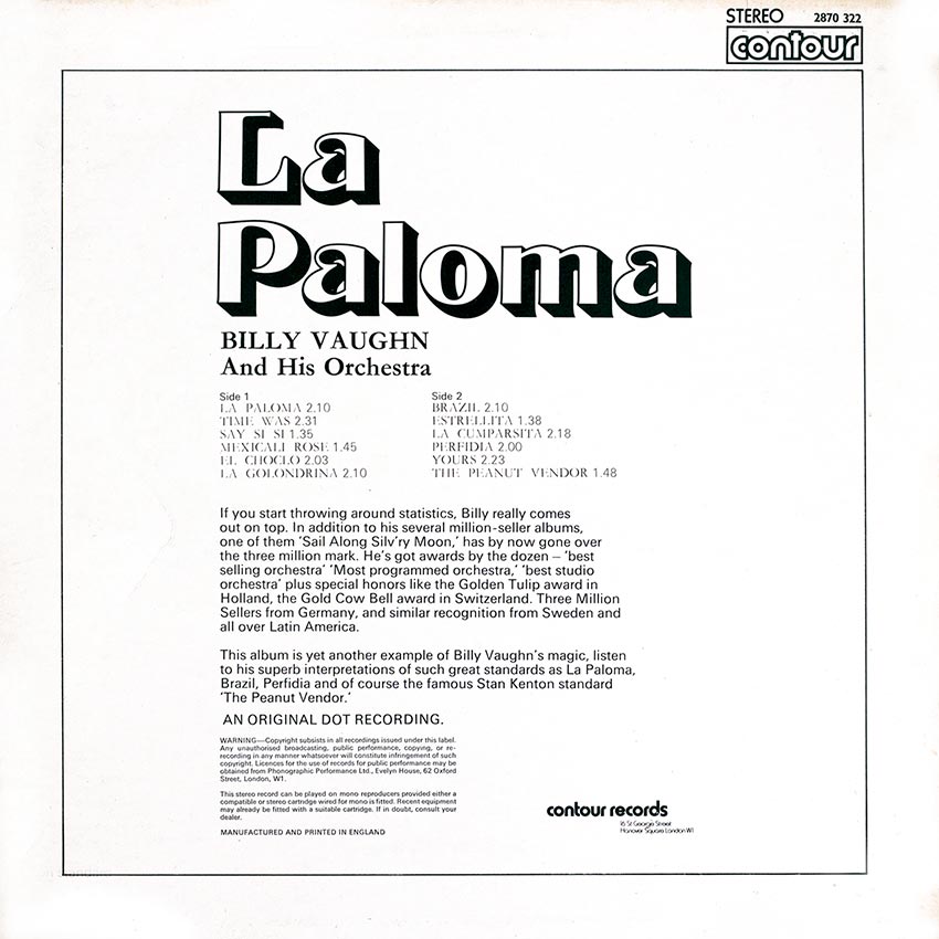 Billy Vaughn and His Orchestra - La Paloma  - beautiful record covers from Cover Heaven