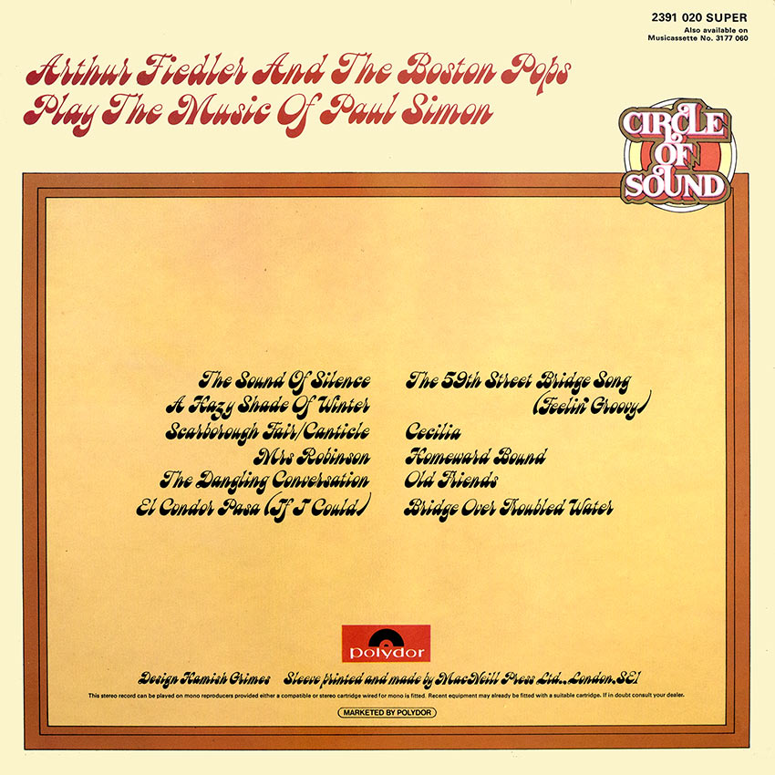 Arthur Fiedler and the Boston Pops Orchestra - Play The Music of Paul Simon - another beautiful album cover from Cover Heaven