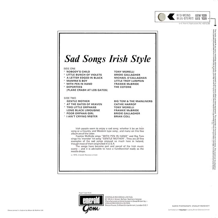 Sad Songs Irish Style - Various Artists, Frankie McBride sings "WITH PEN IN HAND" and Big Tom sings his 'monster' hit song "GENTLE MOTHER"